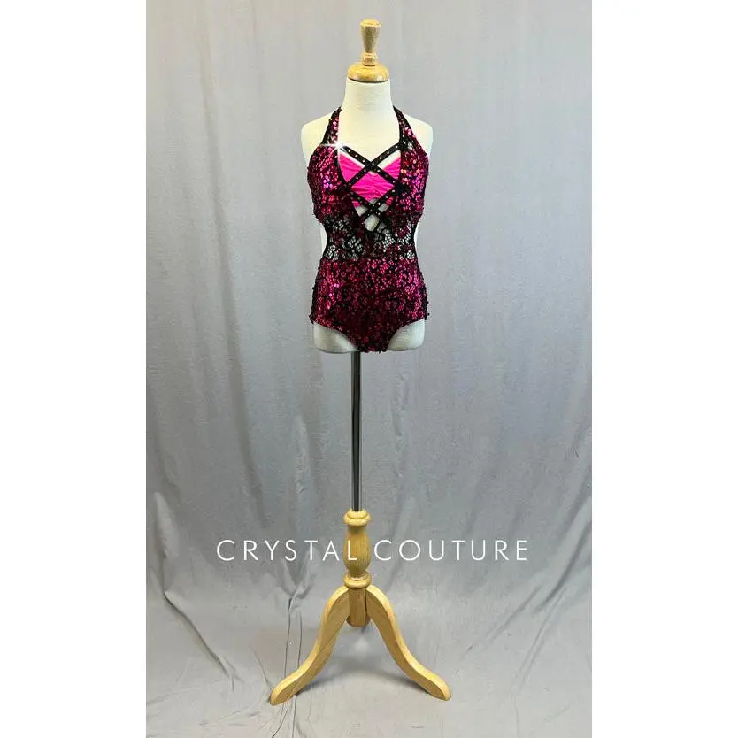 Custom Hot Pink and Black Sequin Lace Halter Leotard with Strappy Back - Rhinestones