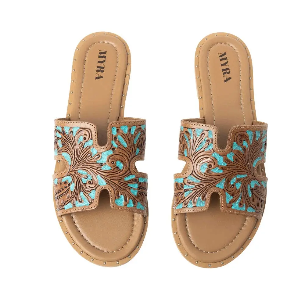Myra Women's Rustic Rodeo Tooled Leather Slide Sandals – Turquoise & Brown