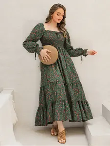 Plus Size Boho Aesthetic Floral Print Woven Dress for Women, Elegant Vintage Square Neck Long Sleeve Wrap Dress, Fall Winter Fashion Casual Wear, Comfortable Fit