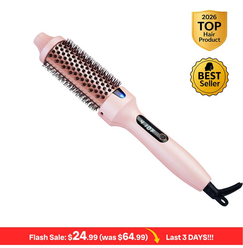 Thermal Brush, Blowout Wavy Boost 1.5 inch Heated Round Brush Look with  LED Display, Dual Voltage, Pink, Less Damage,  Hair Heated Curler Brush,Negative Ions Single,for wavy hair,hairstyling,long-lasting wave,Curling Irons,Detangler Straightening