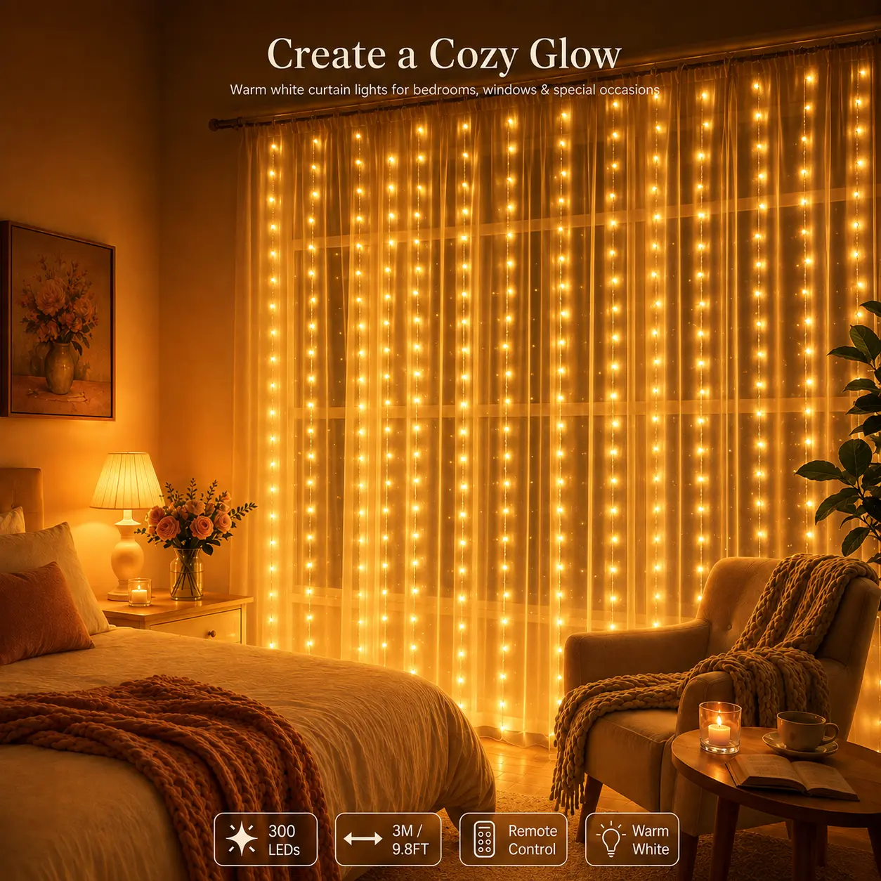 300 LED Curtain String Lights, 9.8FT Warm White Fairy Lights with 10 Hanging Hooks, USB Powered Remote Control Lights for Bedroom, Window, Wedding & Party Decor
