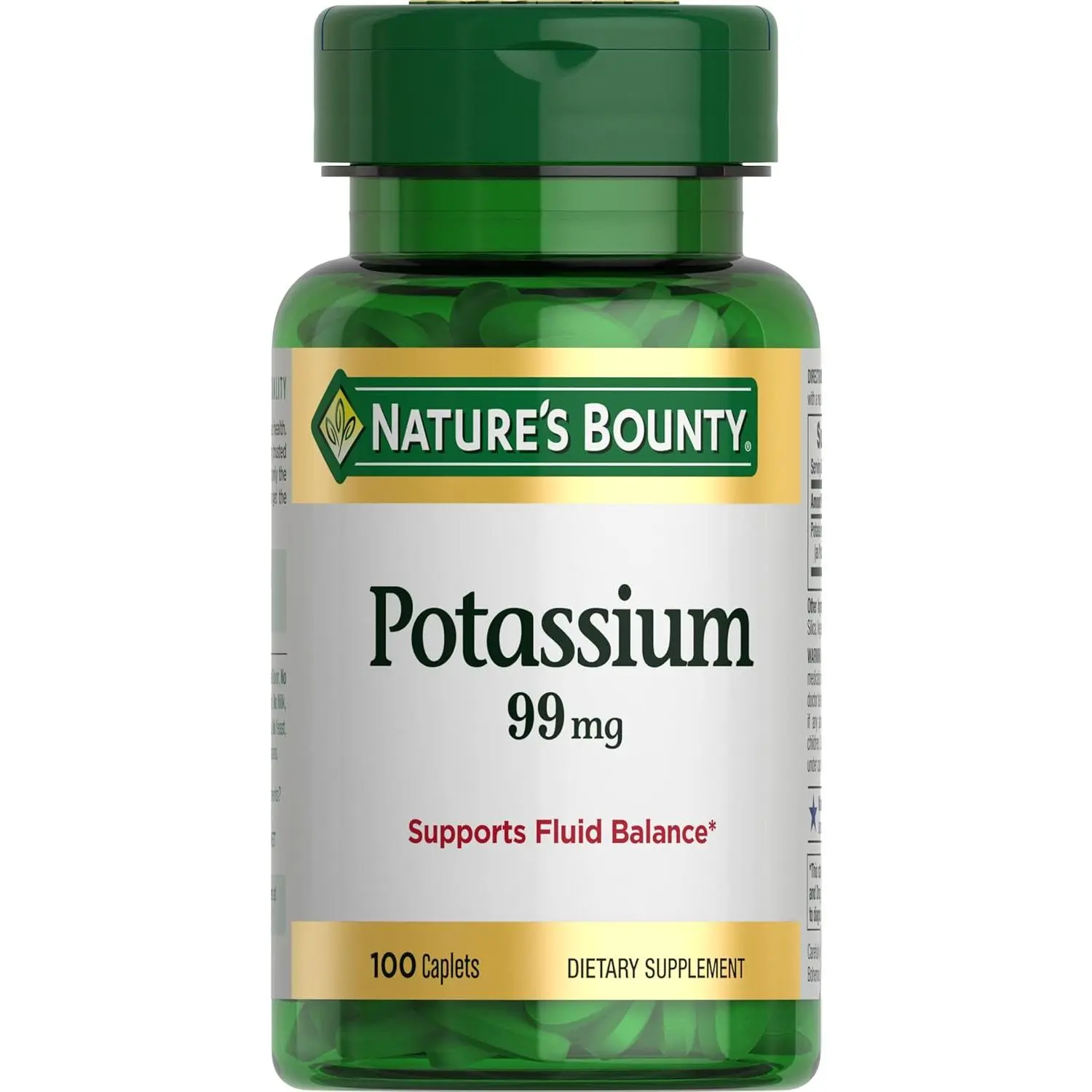 Nature's Bounty Potassium 99mg, Supports Fluid Balance and Muscle Activity, Involved in Normal Heart Function, Potassium Gluconate Dietary Supplement, Gluten Free, 1 Per Day, 100 Vegetarian Caplets