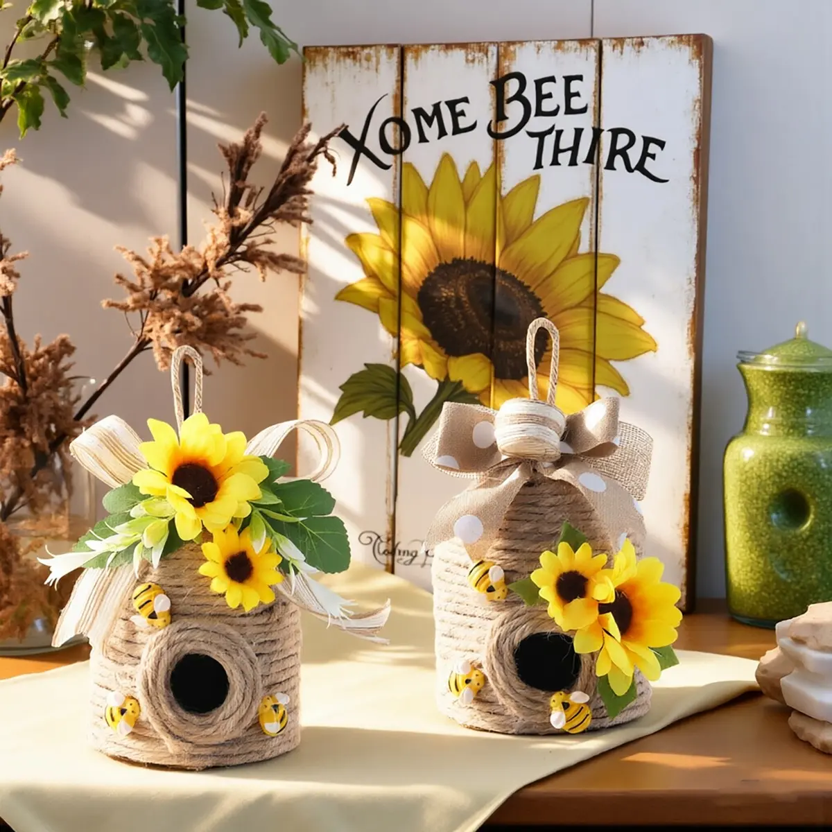 Beehive Nest Decoration Set, Two-Piece Country Style Bee Decorations, Sunflower, Home Indoor Decor, Spring Summer Theme, Kitchen Living Room Fireplace, Home Decor Ornaments, Sunflower Decorative, Hanging Decor, Decorative Home Accessory