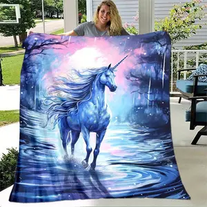 1pc Romantic Unicorn Thin Blanket Lightweight Flannel Throw Blanket For Sofa, Bed, Travel, Camping, Livingroom, Office, Couch, Chair, And Bed -