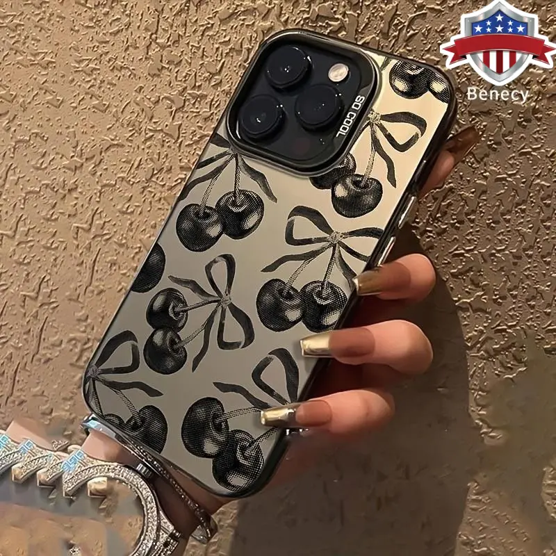 Black Cherry Pattern Phone Case for iPhone 17 16 Pro Max 15 Plus 14 13 12 11  Air XR XS E Shockproof Anti-Scratch Durable PC Back Protective Cover for gift Decorative Smartphone Protector Cellphone Protector, Accessories, Phone Accessories, Gift‑Ready