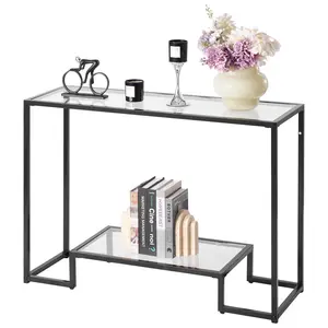 【Summervibes】VEVOR 2-Tier Glass Console Table, Modern Rectangle Sofa Side Table with Tempered Glass Top and Iron Legs, Golden Consloe Desk with Anti-Tip Device for Living Room, Hallway, Entryway, Foyer, Black