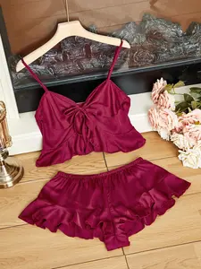 Women's Sexy Two-Piece Sleepwear Set, Wine Lingerie with Bowknot, Full Coverage Unlined Bralette, All Seasons Fashion