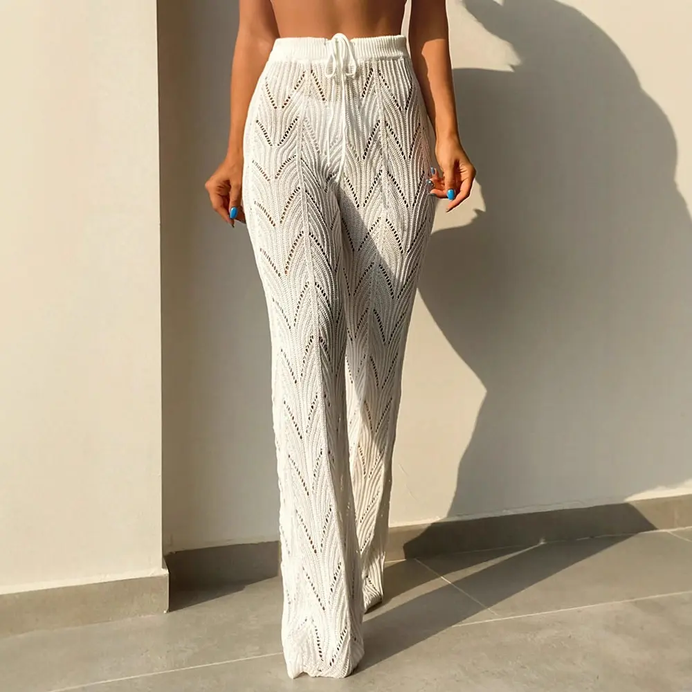Hollow-out crochet wide-leg pants for women, new summer style, comfortable and breathable, high-waisted, loose-fitting, drapey, floor-length pants with feather pattern