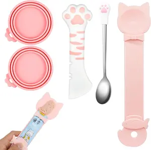 5 PCS Cat Food Can Covers Lids Set, Silicone Pet Food Can Lids with Multi-Function Cat Food Spoon and Opener, Cat Bar Squeezer, Stainless Steel Wet Food Spoon for Cats and Dogs (Pink)