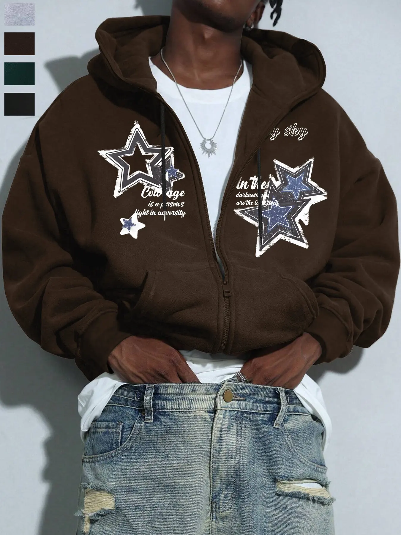 Y2K Cyber Star Print Graphic Zip Hoodie Streetwear Techwear Style