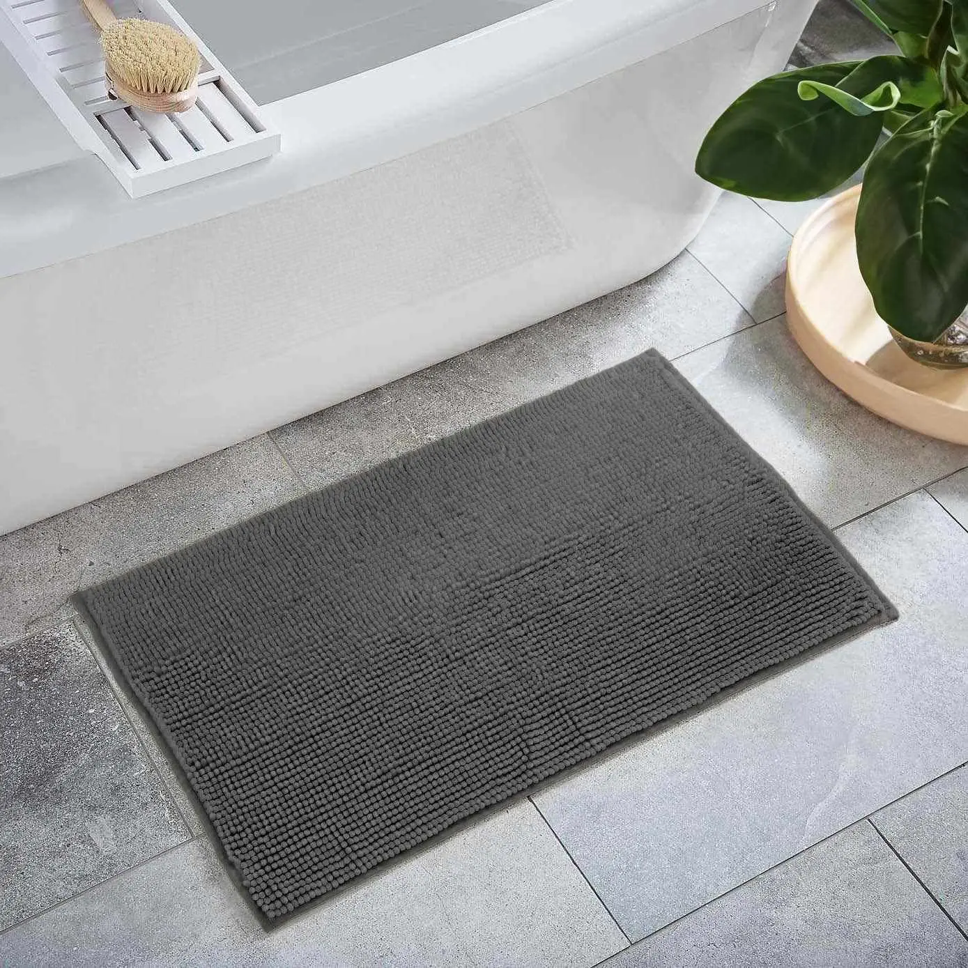Dark Gray Washable Shower Bath Mat - Soft Absorbent Rectangle Bathroom Towel Mat