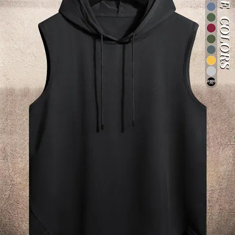 Men's Plain Drawstring High Low Hem Hooded Tank Top, Sleeveless Shirt, Regular Fit Casual Sleeveless Vest, Going Out Top, National Day Clothing, Sleeveless Clothes