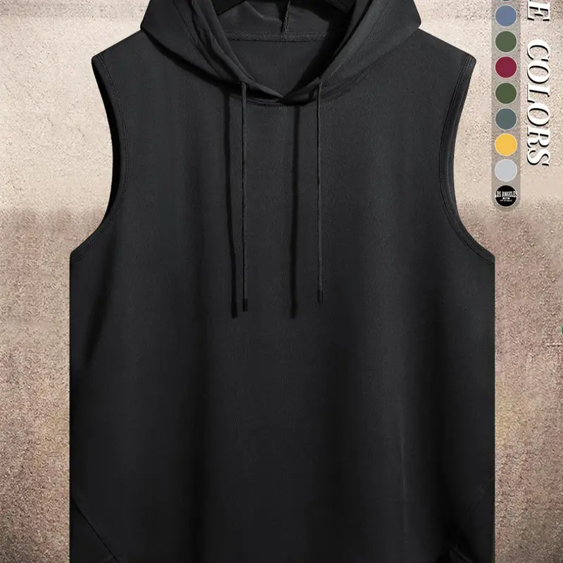 Men's Plain Drawstring High Low Hem Hooded Tank Top, Sleeveless Shirt, Regular Fit Casual Sleeveless Vest, Going Out Top, National Day Clothing, Sleeveless Clothes