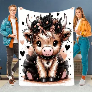 Cartoon Cow Print Flannel Blanket - Cozy, Soft, Warm Anti-Tear Material, Cute Animal Design with Floral Hearts, All-Season Machine Washable Throw for Home Decor, Camping - Ideal Gift for Loved Ones, Playful Aesthetic Textile