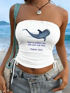 Beach Vacation Whale Shark Print Y2K Style Tube Top, Slim-Fitting Sleeveless Drawstring Crop Top, Trendy Streetwear for Spring Summer