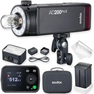 Godox AD200 Pro II Godox AD200Pro II Godox AD200ProII, One-Tap Sync with X3, Optimized Flash Heads, BiColor LED Modelling Led, Color Group Indicator, Adjustable from 1/512 to Full Power (1/1) with 0.1