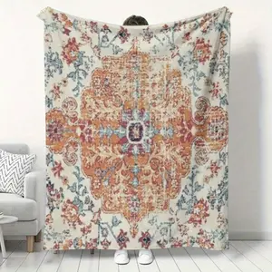 Distressed Boho Oriental Medallion Flannel Blanket, Cream Base Orange Teal Floral Persian Rug Pattern Throw Blanket, Soft Plush Warm Blanket for Couch Bedroom, Cozy Comfy Nap Blanket, Perfect Giftable Decorative Blanket for Bohemian Farmhouse Lovers
