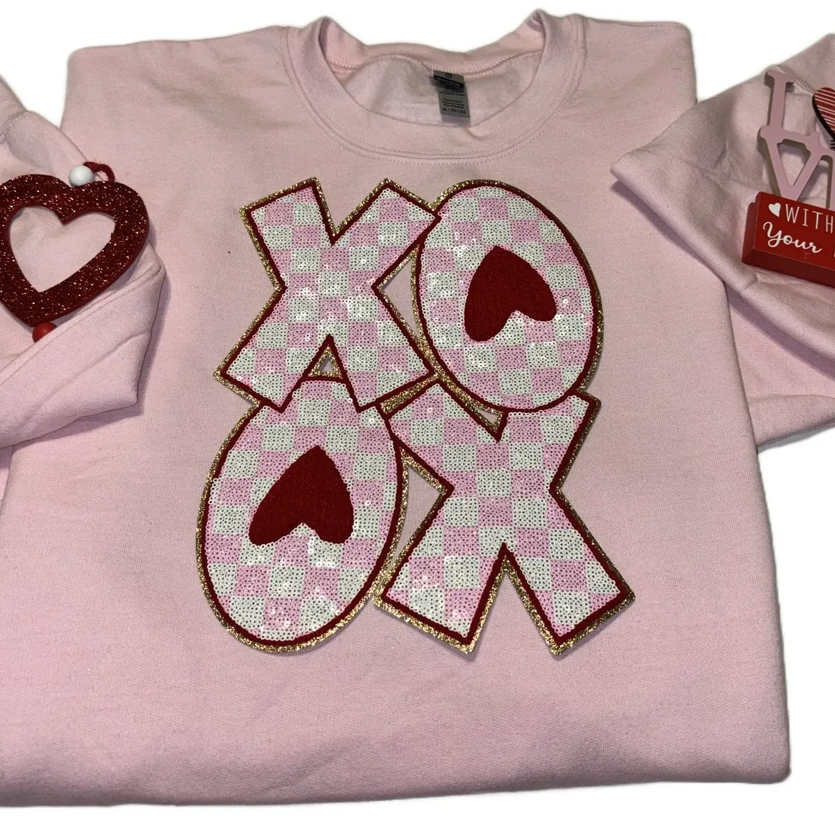 Valentine Xoxoxo Pink Sequins Iron On Patch - Chenille Patch Heatpress Instructions for Durable Garment Design
