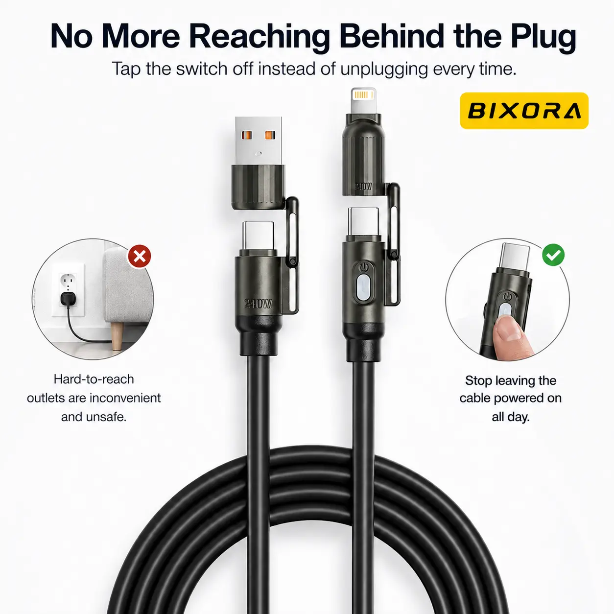 Basemo 4-in-1 Tap to Power Off Smart Charging Cable | 240W Super Fast Charging Multi Cord USB A/USB-C/Lightning | Fireproof Bendable Silicone TPE Prevent Overcharge Safe Phone Charger Cord for iPhone Samsung Android Laptop, Free Leather Storage Pouch