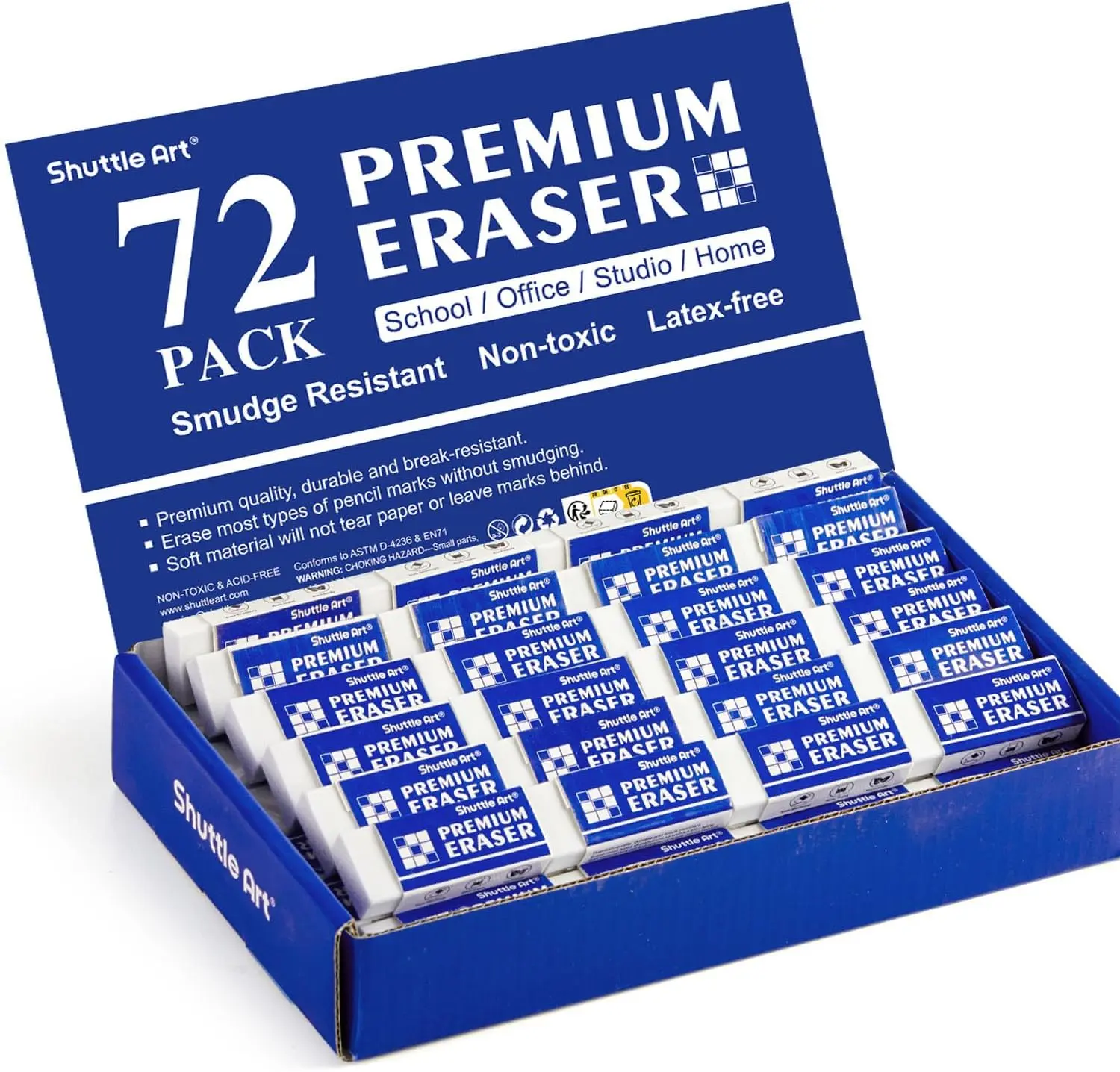 Shuttle Art Erasers, 72/288 Pack Premium Erasers Bulk, White Eraser Classroom Set for Students Teachers as School and Office Supplies