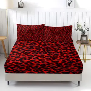 3 Pcs Red-Black Leopard Print Fitted Sheet Set, 1 Fitted Sheet & 2 Pillowcases (no filler), Red-Black Leopard Pattern, Fits Bedroom/Homestay/Dorm Decor, Ideal for Bold Fashion Fans/Students/Couples/Holiday Gifters