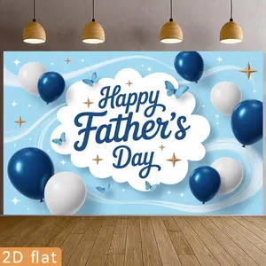 2D Flat Banner Soft Foldable Machine Washable Polyester Photo Backdrop, HD Digitally Printed Light Blue Happy Father's Day Theme with Balloons and Butterflies for Father's Day Parties, Photo Booths, and Portrait Photography
