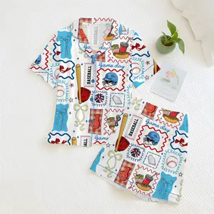 Baseball Game Day Pajama Set for Women, Red Blue Sports Print Short Sleeve Button Up Sleepwear, Cute Pajama Shorts Set