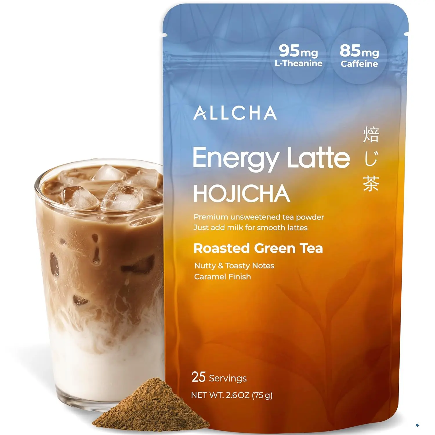ALLCHA Energy Tea Latte - Hojicha plus 85mg Caffeine + 95mg L-Theanine, 25 Servings, nutty & caramel notes, Flavor, Drink