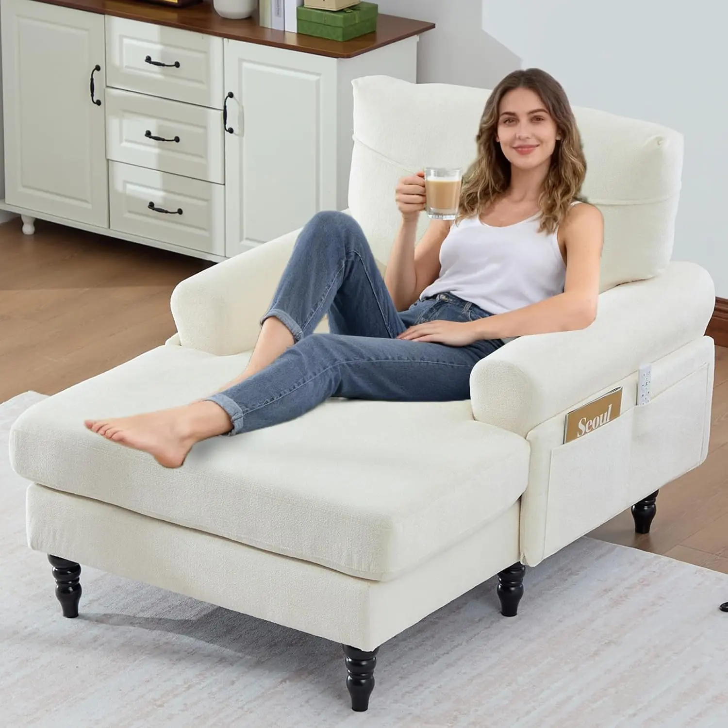 Indoor Chenille Upholstered Chaise Lounge Chair - 49.4" Oversized 1-Person Recliner Sleeper with Fixed Arms, Side Pockets, Storage Organizer, Easy Setup - Modern Accent Chair for Bedroom, Small Space (Beige)