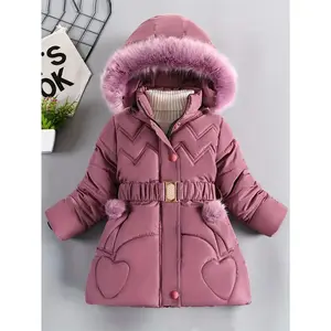 Autumn Winter Girls Coat Keep Warm Thicken Kids Jacket Hooded Zipper Princess Outerwear Children Clothing with Belt in Pocket, Seasonal Kids Wear, Cold Weather Coat, Stylish Children Coat, Filling, Cozy Winter Wear, Belted Jacket, Schoolage Kids, Children