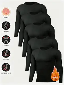 Men's 5-piece Pajama Set Warm Loungewear Round-neck Solid Color Undershirt Soft Skin-friendly Nightwear Homewear Tops for Camping Training Cycling Winter Sports