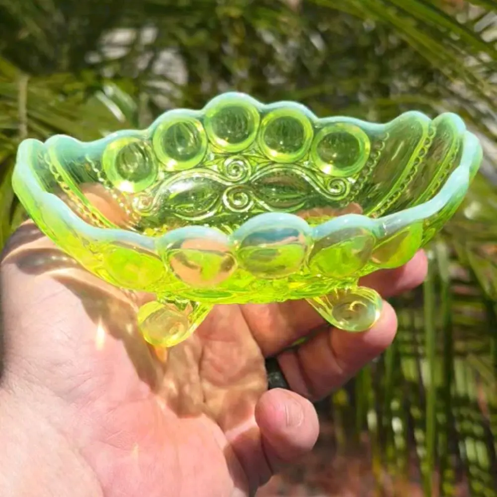 Mosser Eye Winker Vaseline Opalescent Glass Footed Dish Uranium Glow Bowl VTG