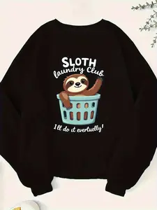 Women's Sloth Laundry Club patterned sweatshirt pullover with cute Sloth&I'm Lazy slogan, autumn and winter long sleeved round neck casual sweatshirt, Halloween women's sweatshirt
