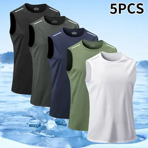 5-Piece set, men's sports breathable light sleeveless loose vest, quick-drying round neck sleeveless top, suitable for activities, gym training and sports wear