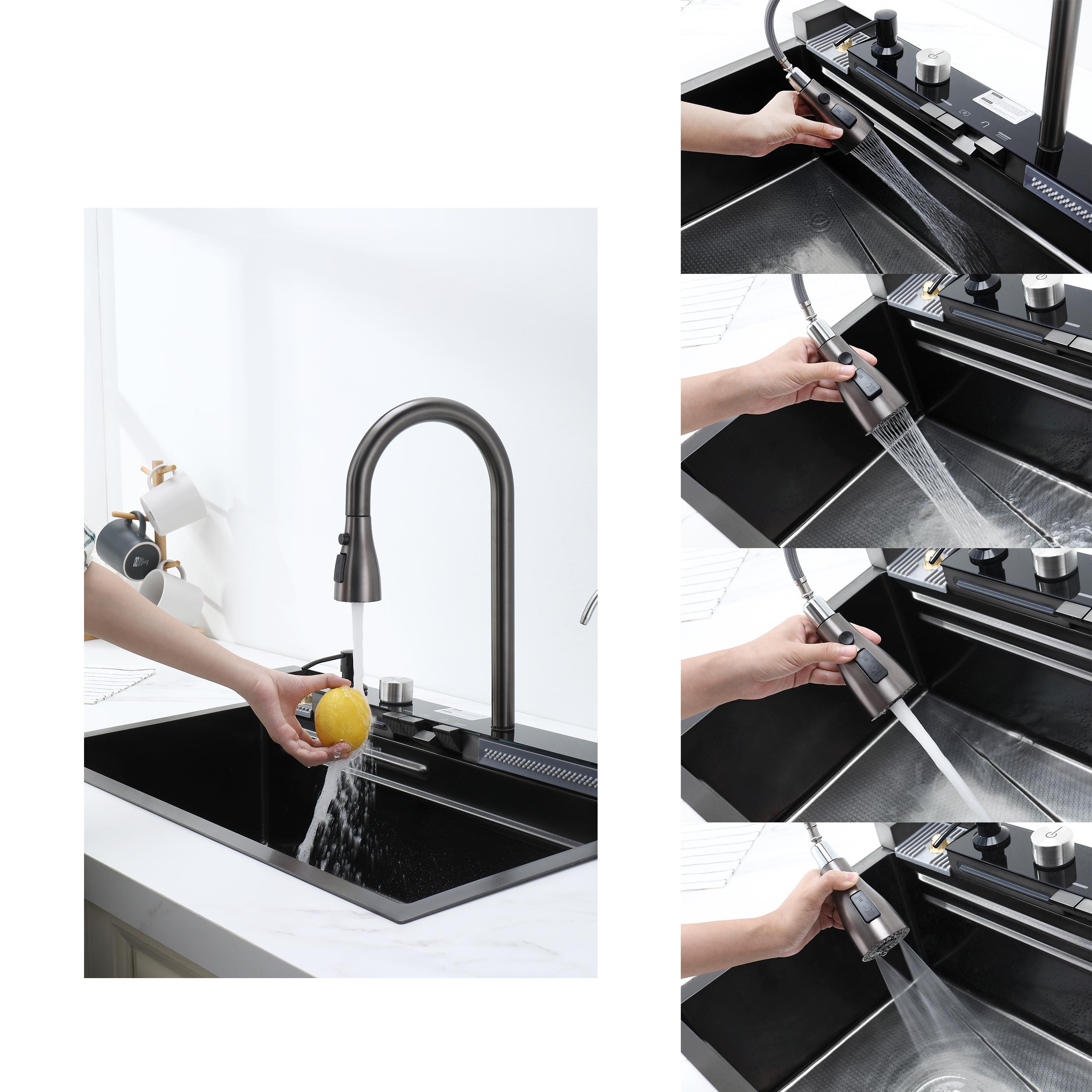 30 Inch Kitchen Sink with Smart Digital Display, Water Powered Piano Key Control, 3 Water Modes Pull Out Faucet, Dual Knob Design, Honeycomb Coating, Compatible with US Standard Garbage Disposal