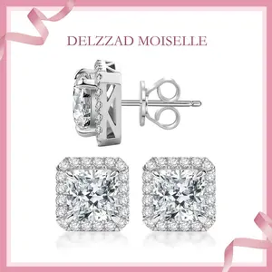 Delzzad S925 Radiant Cut VVS Synthetic Moissanite Stud Earrings Daily Costume Jewelry Accessories Perfect Birthday Anniversary Gift for Women Wedding Set