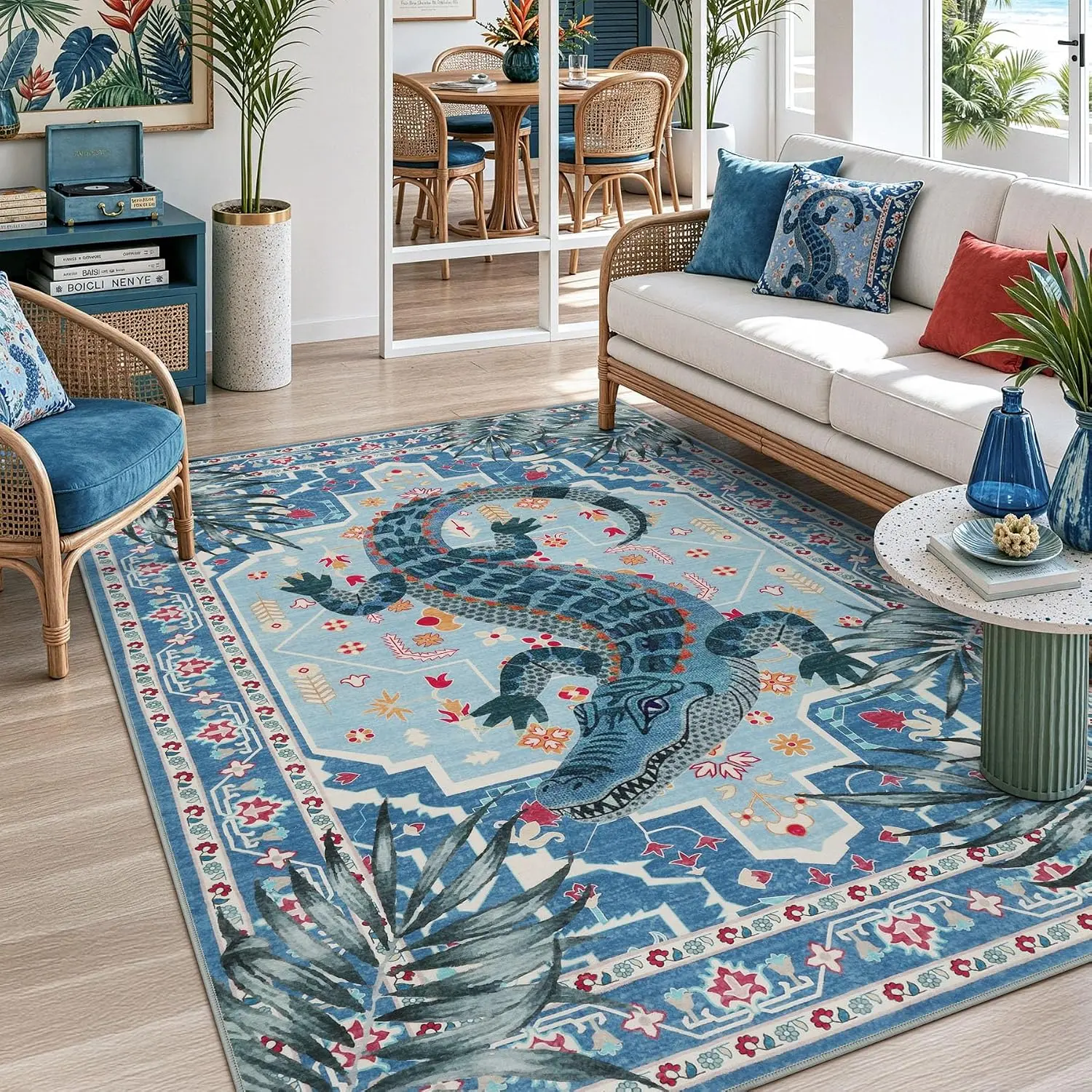 Tribesigns 5x7 Blue Vintage Alligator Print Rug for Bedroom Living Room | Washable, Soft, Low-Pile, Non-Slip Tropical Animal Area Rug for Dorm, Nursery, Kids Playroom Decor, Includes 4 Rug Grippers