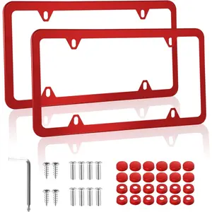 2 PCS Stainless Steel License Plate Frames, 4 Holes Car Licence Plate Covers With Screws Washers And Caps, Car Exterior Accessories, License Plate Holder For US Vehicles (Red)