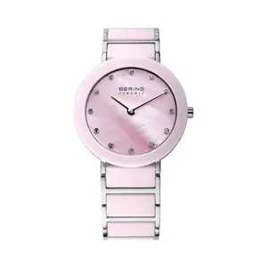Bering Time Women's Quartz Watch Ceramic Silver Steel with Pink Ceramic Links