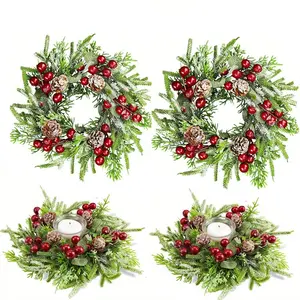 4 Christmas Candle Rings, Round Wreath, Berry Pinecone, Artificial Berry, Cedar Wreath, Candle Ring Holder, Holiday Decorations