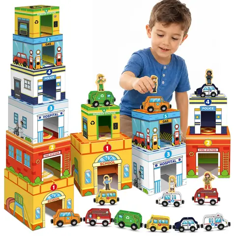 Magnetic Wooden Vehicles & STEM Sorting Blocks ,Montessori Toys Age 3+ ,Cars&Community Helpers,Sorting&Stacking Toys,Educational Learning Gifts for Kids,Preschool Kindergarten Classroom