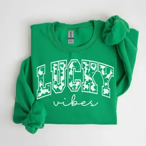 Retro St Patricks Day Sweatshirt, Lucky Vibes Shamrock Sweater, Women’s Green Irish Pullover, Funny Shenanigans Crewneck, Four Leaf Clover St Pattys Top