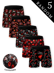 Men's Valentine's Day Heart Pattern Underwear Set, Breathable High Elasticity Boxer Briefs, Casual Fitted Innerwear for All Seasons