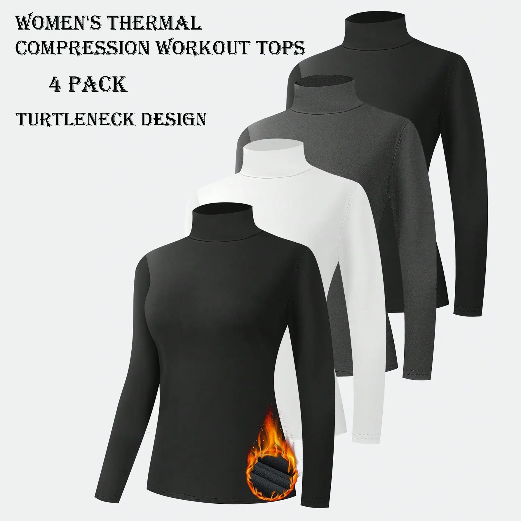 4 Pack Women's Long Sleeve T Shirts Thermal Workout Underwear Shirts Turtle Neck Fleece Lined Compression Long Sleeve Base Layer Tops For Skiing Gym Outdoor Sports Gym Activewear summerwins