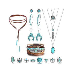 Women's Western Jewelry Set Bohemian Turquoise Pendant Necklace Synthetic Leather Cuff Bracelet and Earrings