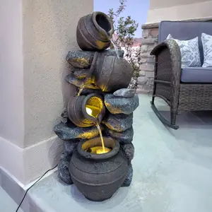 28.3" Solar-Powered Garden Fountain 4-Tier Resin Cascading Jars & Stacked Stones with LED Lights Outdoor Waterfall for Patio