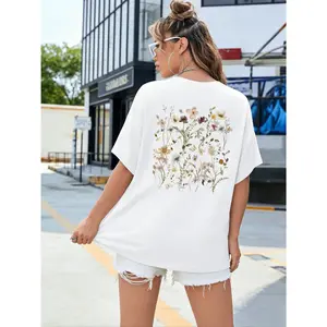 Women's Floral Print Drop Shoulder Crew Neck Tee, Street Casual Half Sleeve Round Neck T-shirt, Boho Floral Graphic Tees, Clothing, Streetwear Top, Ladies Clothes for Summer Daily Wear, Clothing, Tops, Womenswear, Tshirt