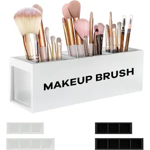 Large Makeup Brush Holder Organizer, Wooden  Brushes Storage with 3 Slots, Eyeliners Display Case for Vanity Desktop Bathroom Countertop -White