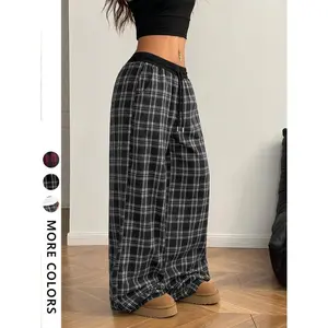 Women's casual loose checkered wide leg pants, comfortable to wear all year round, fashionable pocket design, multifunctional college style home wearRAIMENTRY