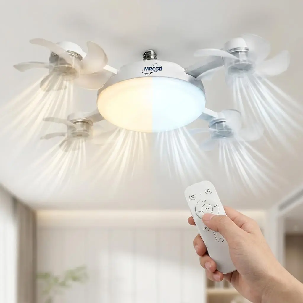 MREGB 2026 New E27 Socket Ceiling Fan Light - 2-in-1 Silent LED Fan with Remote Control, Energy-Saving Cooling & Lighting Combo for Home Bedroom summervibes